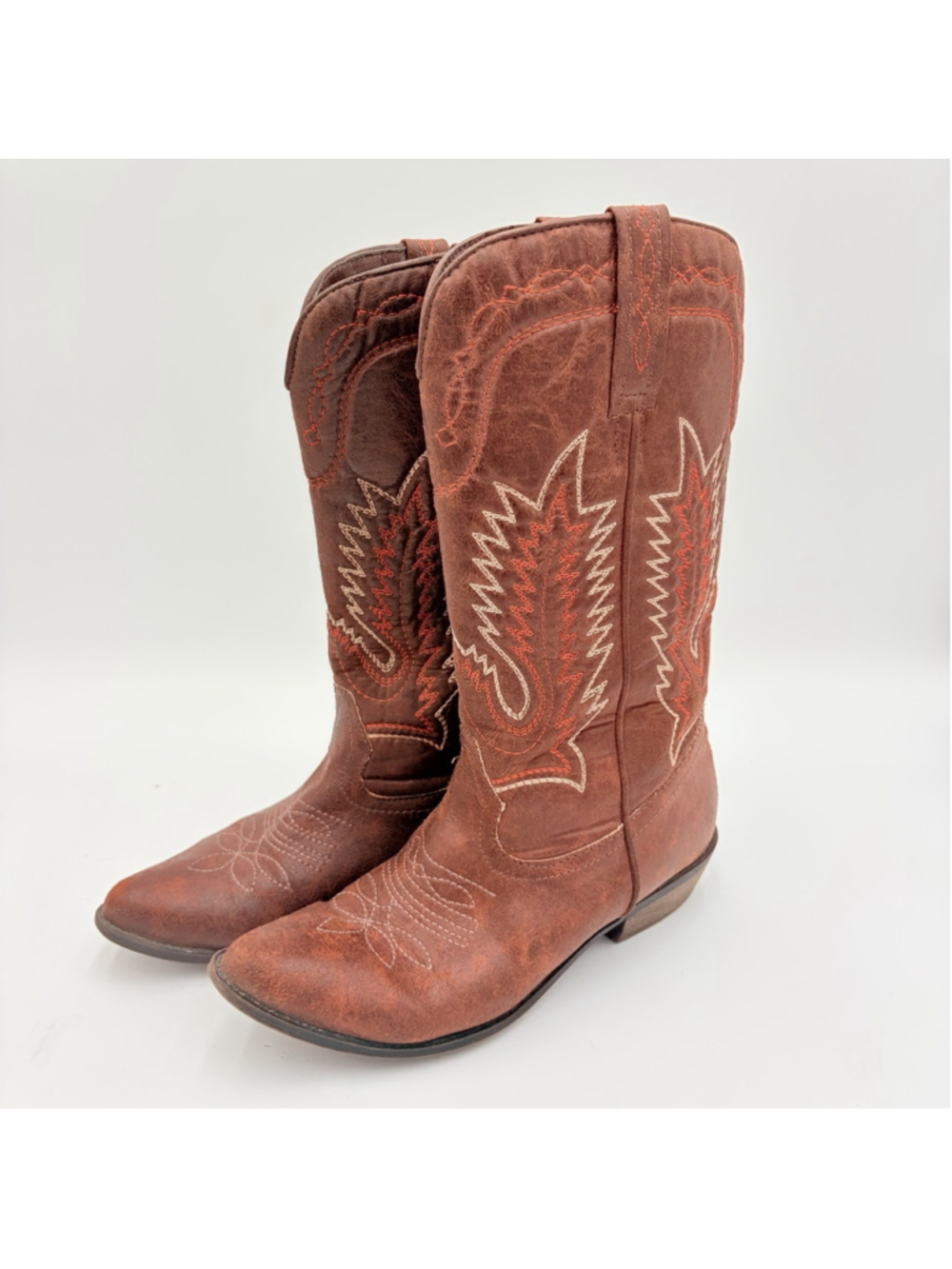 Coconuts Youth Western Cowboy Boots Brown Red Embroidered Pull On Size 5M